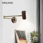 Nordic Wooden Swing Arm LED Wall Sconce 360° Adjustable Pull Chain Plug-in Modern Bedside Lamp For Bedroom Living Room Home Deco