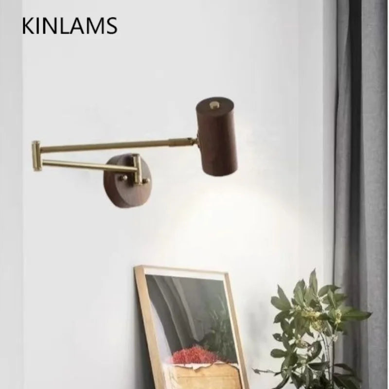 Nordic Wooden Swing Arm LED Wall Sconce 360° Adjustable Pull Chain Plug-in Modern Bedside Lamp For Bedroom Living Room Home Deco