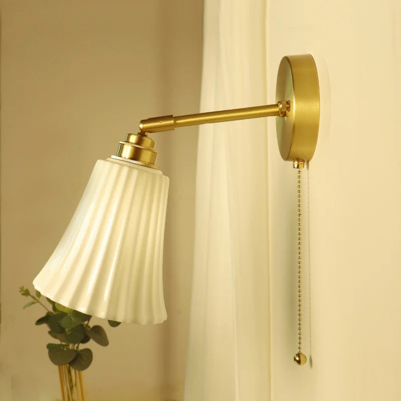 American Retro Brass Luxury Wall Lamp Bedroom Bedside Simple Ceramic Corridor Light Living Room Background Wall Atmosphere Lamps