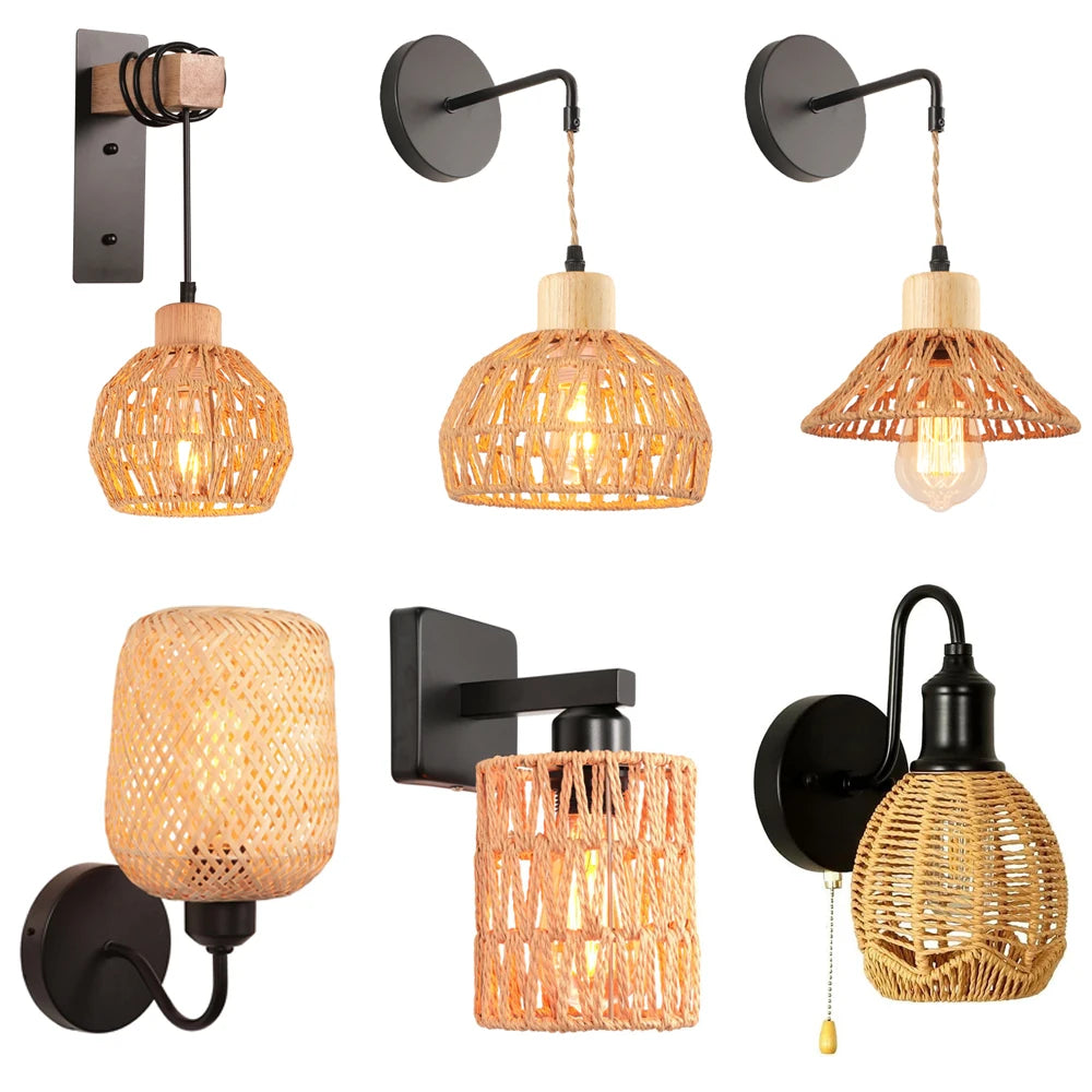 Rattan Wall Lamp Vintage Living Room Wall Light E27 Bedroom Bedside Lamp Retro Hemp Rope Woven Sconce Indoor Lighting Fixtures