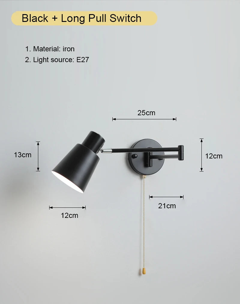 Nordic LED Wall Lamp Adjustable Mechanical Telescopic Arm Wall Light With Switch Indoor Lighting Home Decor Bedside Bedroom