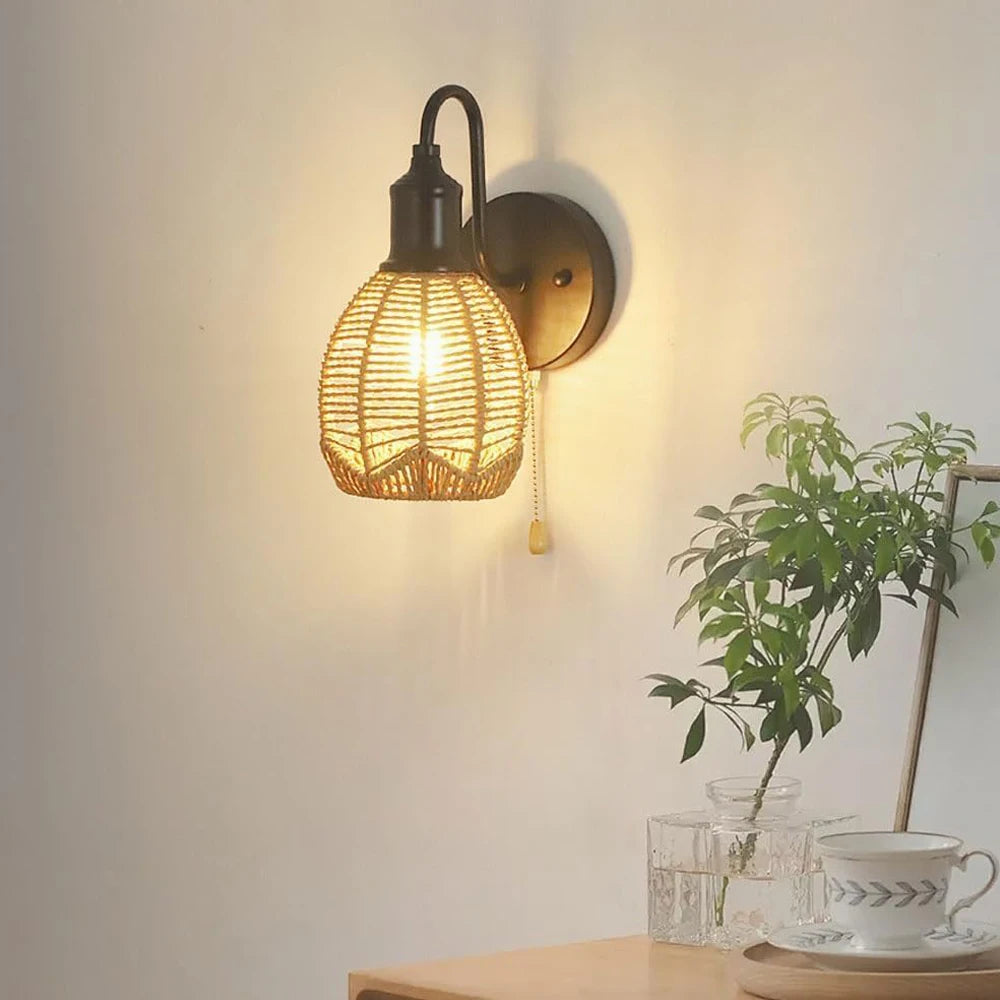Rattan Wall Lamp Vintage Living Room Wall Light E27 Bedroom Bedside Lamp Retro Hemp Rope Woven Sconce Indoor Lighting Fixtures