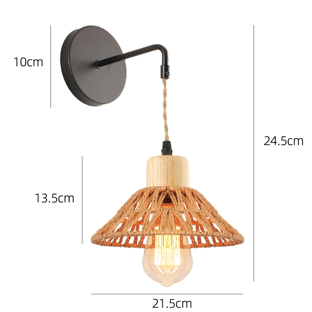 Rattan Wall Lamp Vintage Living Room Wall Light E27 Bedroom Bedside Lamp Retro Hemp Rope Woven Sconce Indoor Lighting Fixtures