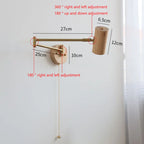 Nordic Wooden Swing Arm LED Wall Sconce 360° Adjustable Pull Chain Plug-in Modern Bedside Lamp For Bedroom Living Room Home Deco