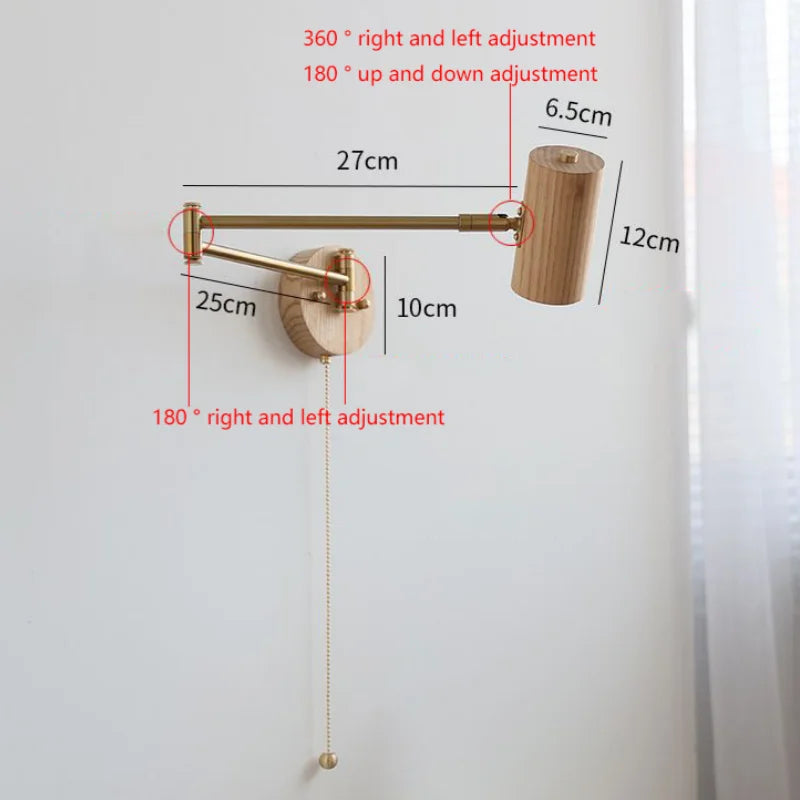 Nordic Wooden Swing Arm LED Wall Sconce 360° Adjustable Pull Chain Plug-in Modern Bedside Lamp For Bedroom Living Room Home Deco