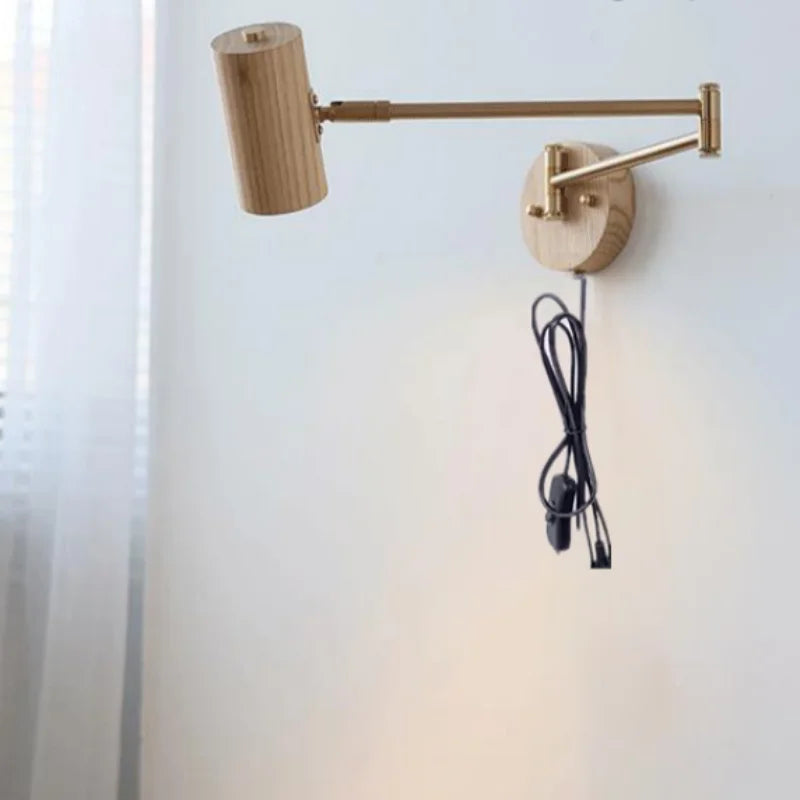 Nordic Wooden Swing Arm LED Wall Sconce 360° Adjustable Pull Chain Plug-in Modern Bedside Lamp For Bedroom Living Room Home Deco