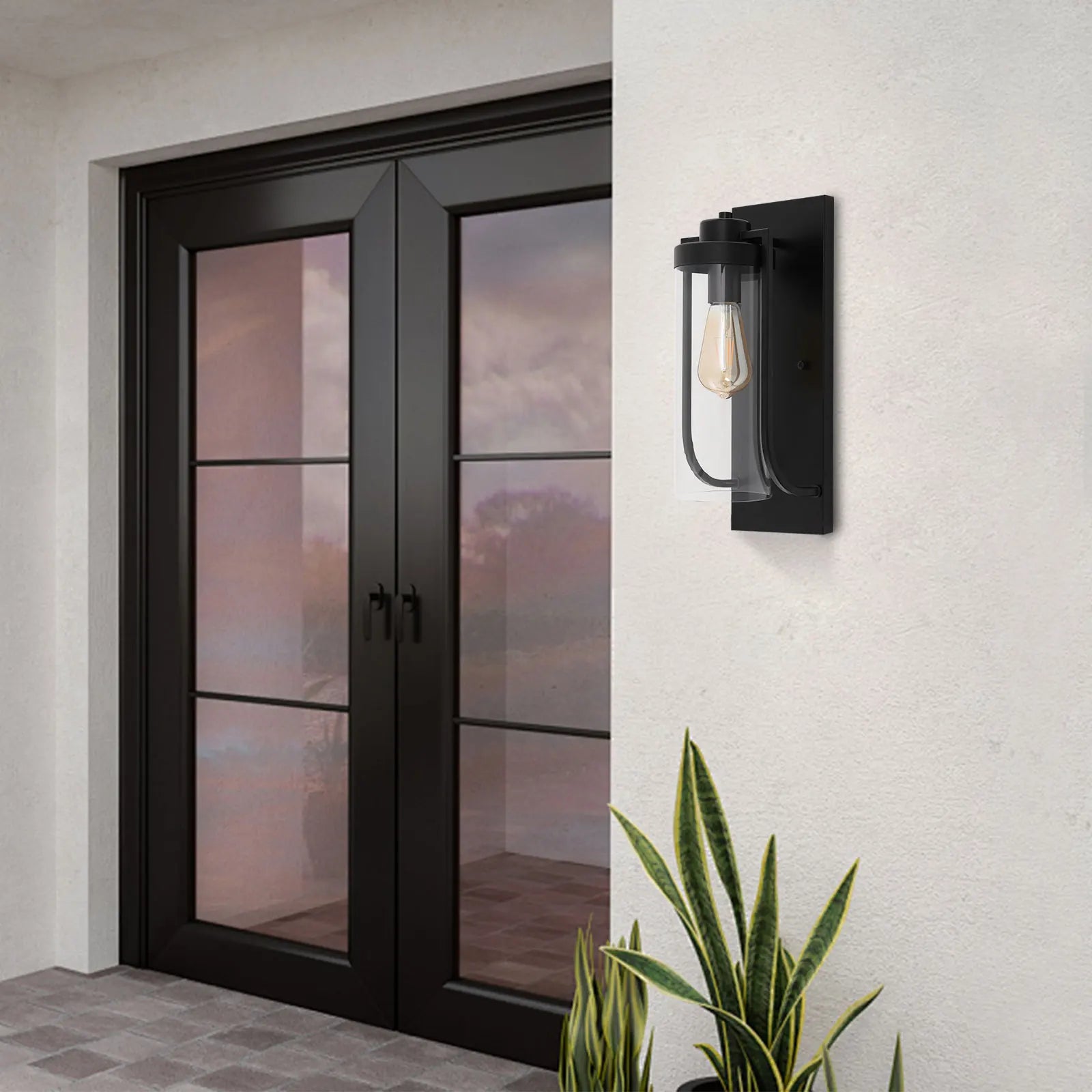 Black Outdoor Wall Light with Clear Glass Shade E27 Bulb Holder Modern Iron Fixture for Porch Cafe Hallway