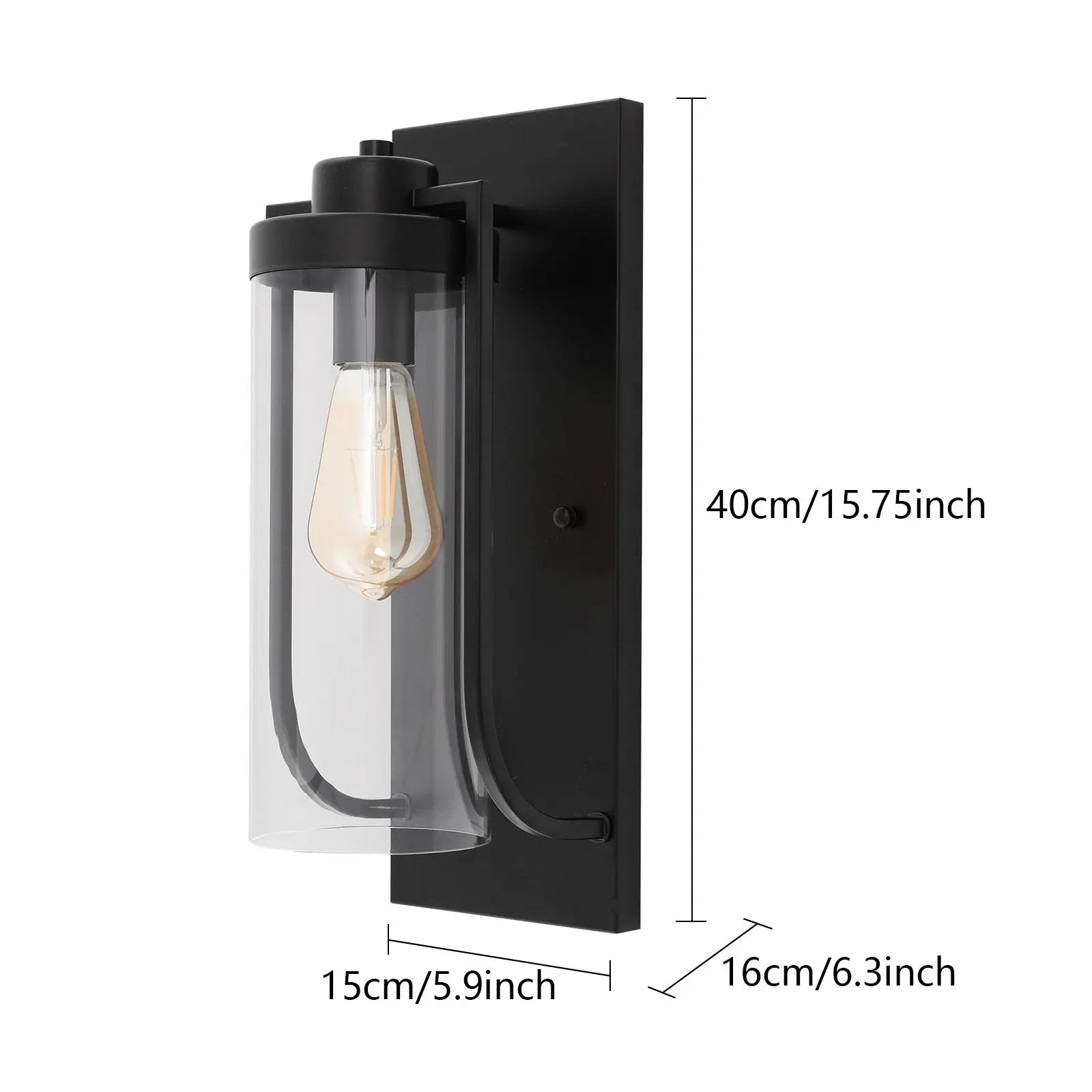Black Outdoor Wall Light with Clear Glass Shade E27 Bulb Holder Modern Iron Fixture for Porch Cafe Hallway
