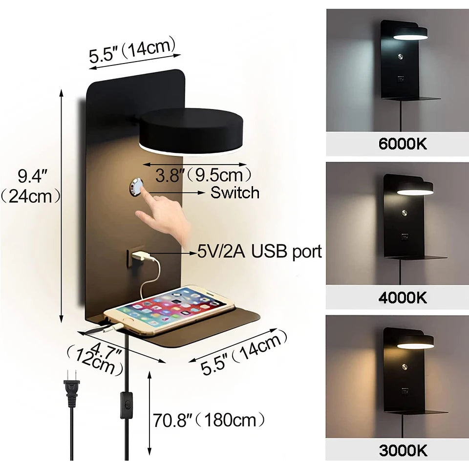 LED Wall Lamp With Switch And USB Charging Port Modern 9W Black White Aisle Bedroom Bedside Art Lighting Decoration Wall Lights