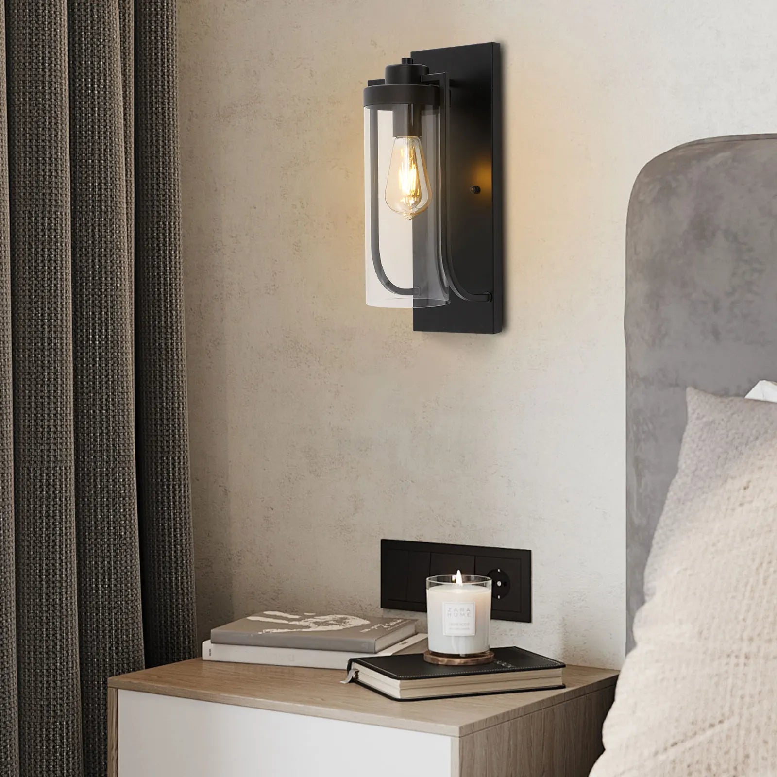 Black Outdoor Wall Light with Clear Glass Shade E27 Bulb Holder Modern Iron Fixture for Porch Cafe Hallway