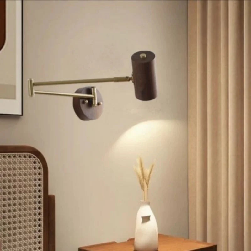 Nordic Wooden Swing Arm LED Wall Sconce 360° Adjustable Pull Chain Plug-in Modern Bedside Lamp For Bedroom Living Room Home Deco