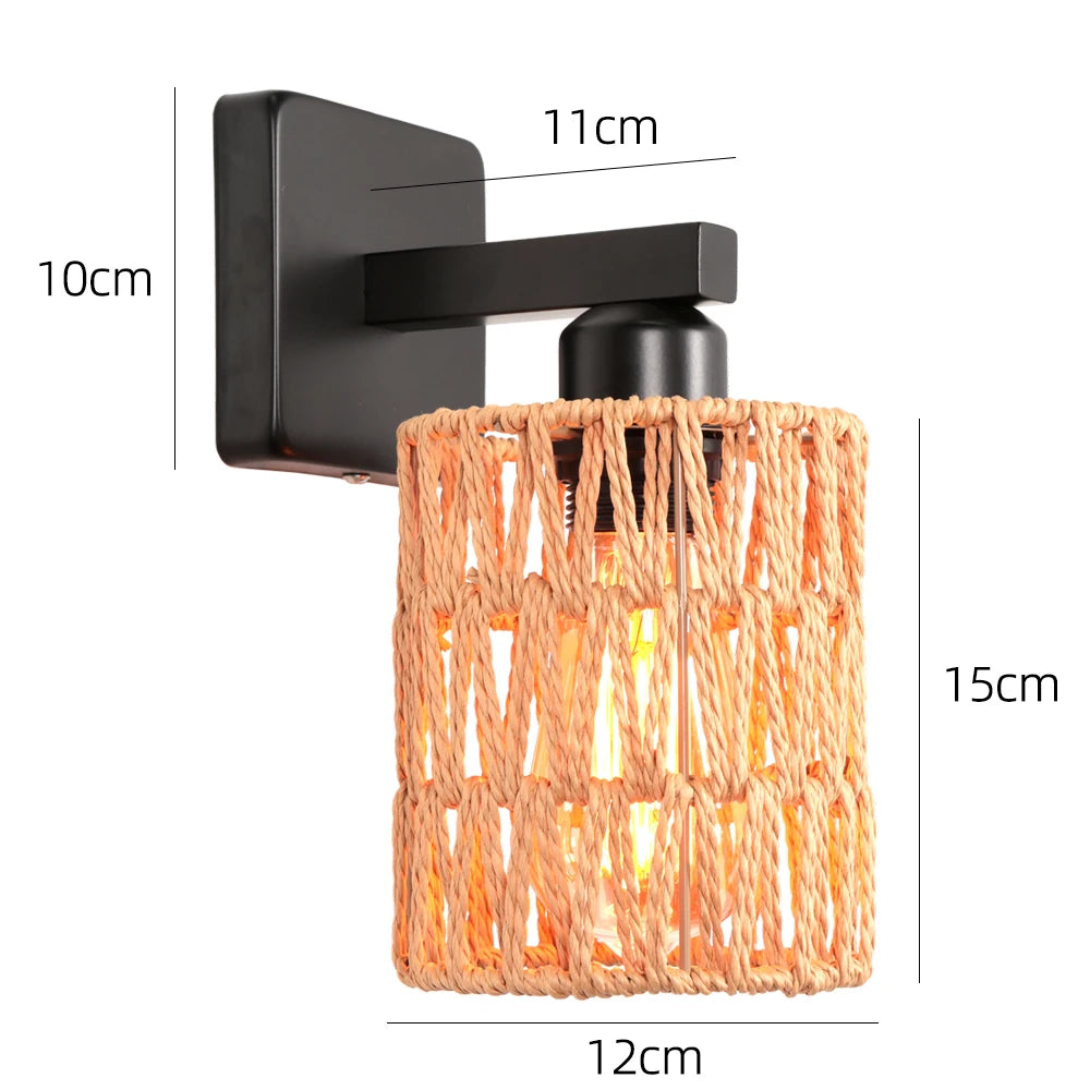 Rattan Wall Lamp Vintage Living Room Wall Light E27 Bedroom Bedside Lamp Retro Hemp Rope Woven Sconce Indoor Lighting Fixtures
