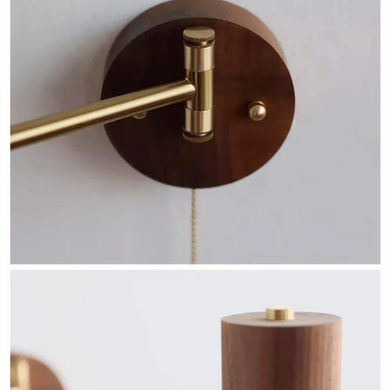 Nordic Wooden Swing Arm LED Wall Sconce 360° Adjustable Pull Chain Plug-in Modern Bedside Lamp For Bedroom Living Room Home Deco