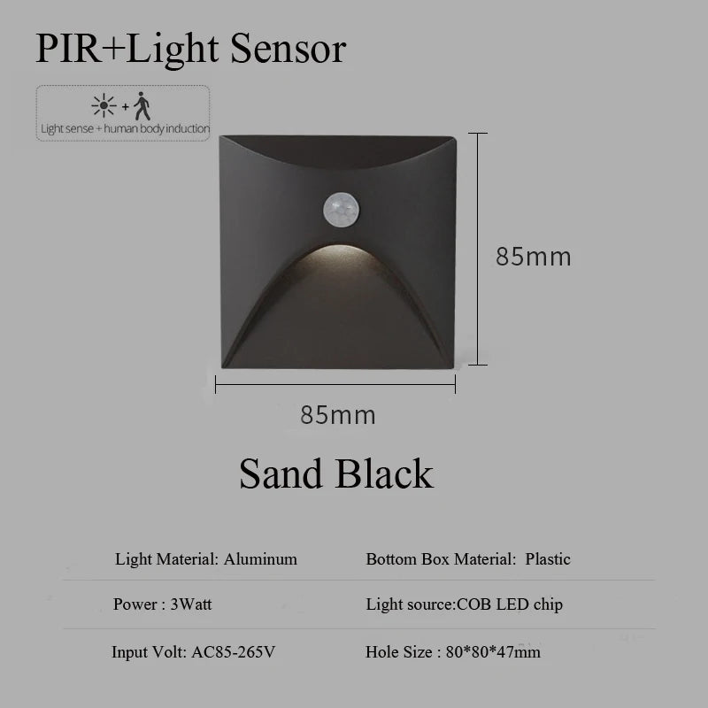 Recessed Led Wall Lamp PIR Motion Sensor StairCase&Way Light 100-240V 3W Waterproof Step Corridor Fence Fence Ladder Nightlight
