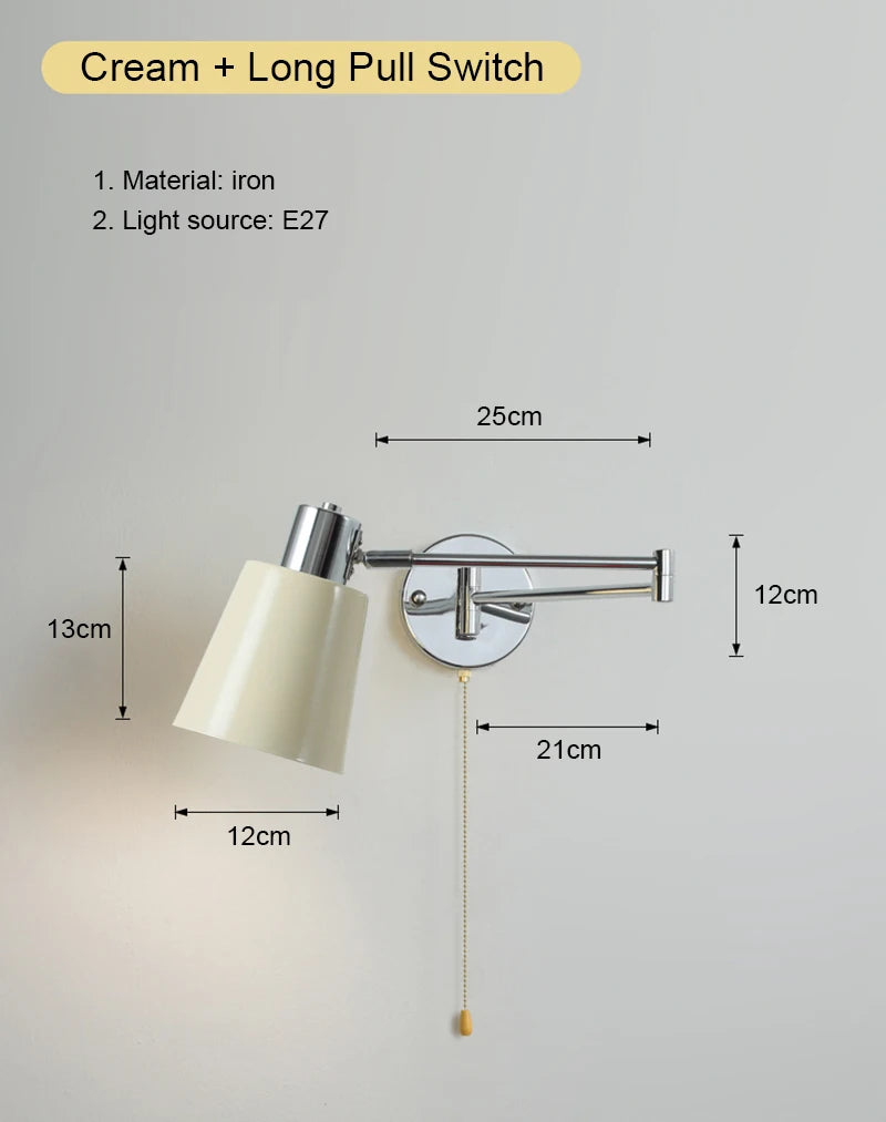 Nordic LED Wall Lamp Adjustable Mechanical Telescopic Arm Wall Light With Switch Indoor Lighting Home Decor Bedside Bedroom