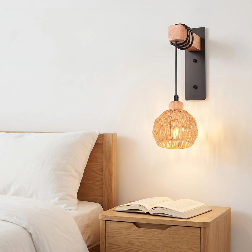 Rattan Wall Lamp Vintage Living Room Wall Light E27 Bedroom Bedside Lamp Retro Hemp Rope Woven Sconce Indoor Lighting Fixtures