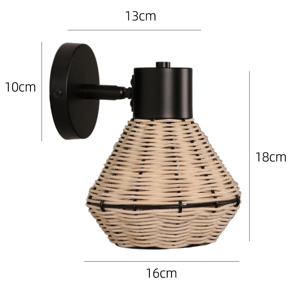Rattan Wall Lamp Vintage Living Room Wall Light E27 Bedroom Bedside Lamp Retro Hemp Rope Woven Sconce Indoor Lighting Fixtures