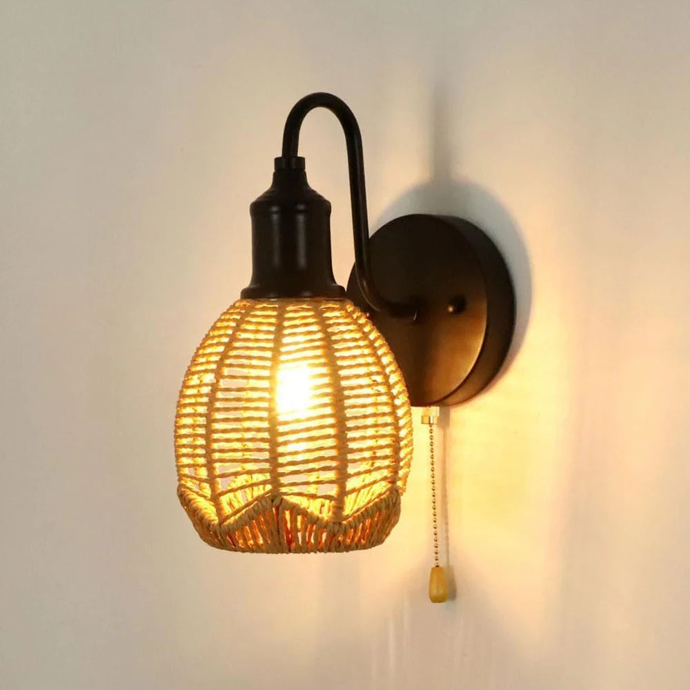 Rattan Wall Lamp Vintage Living Room Wall Light E27 Bedroom Bedside Lamp Retro Hemp Rope Woven Sconce Indoor Lighting Fixtures