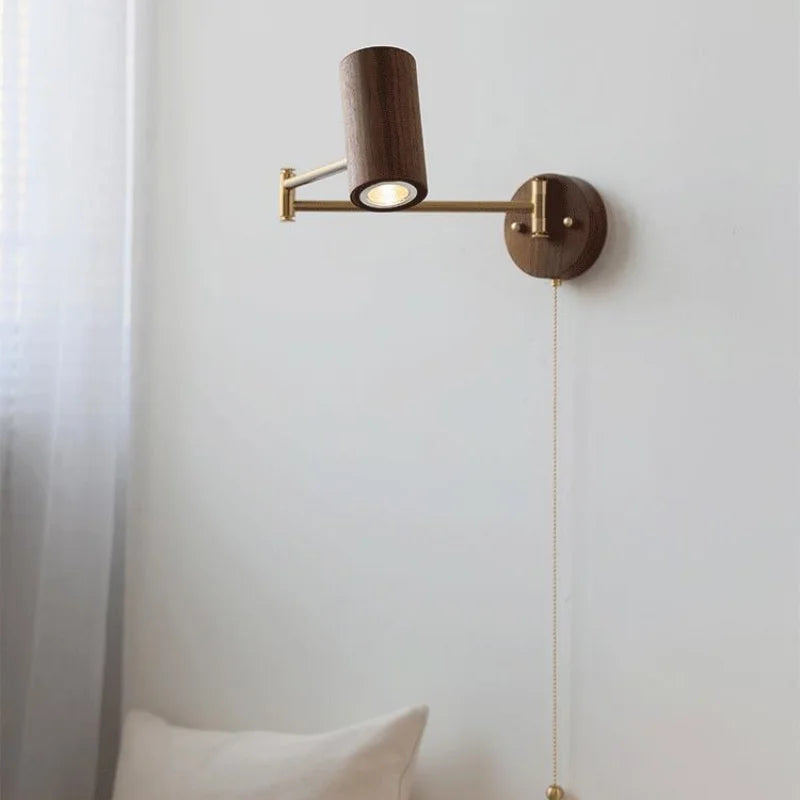 Nordic Wooden Swing Arm LED Wall Sconce 360° Adjustable Pull Chain Plug-in Modern Bedside Lamp For Bedroom Living Room Home Deco