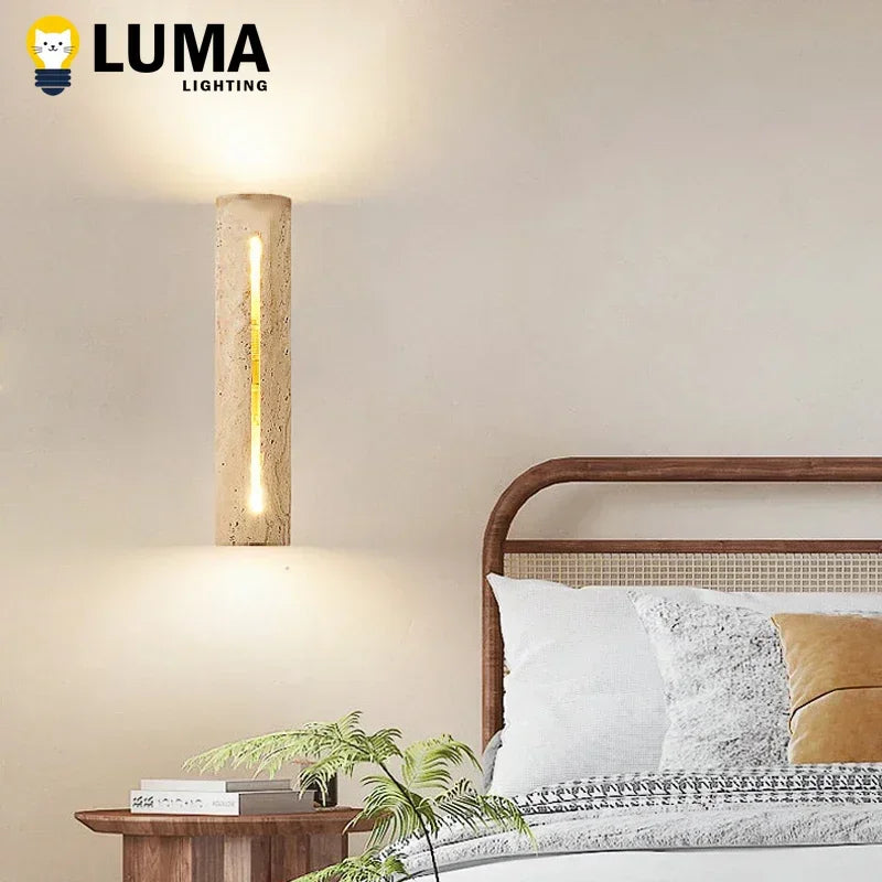 Luma Japanese Yellow Travertine Wall Light Stone Wood Wall Sconce Lamp for Living Room Bedroom Bedside Corridor Home Decor