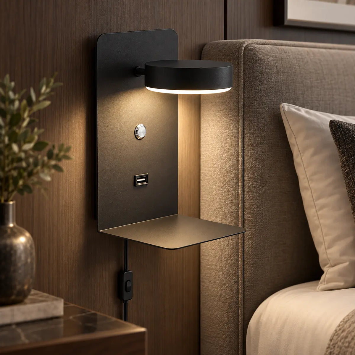 Applique murale USB noire près d'une tête de lit, bouton de commande visible