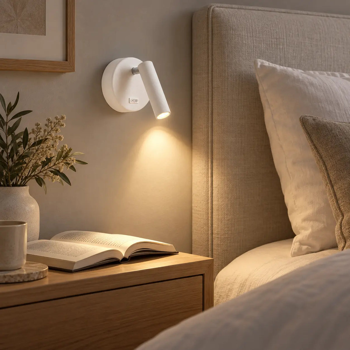 Applique murale blanche orientable près d'une tête de lit