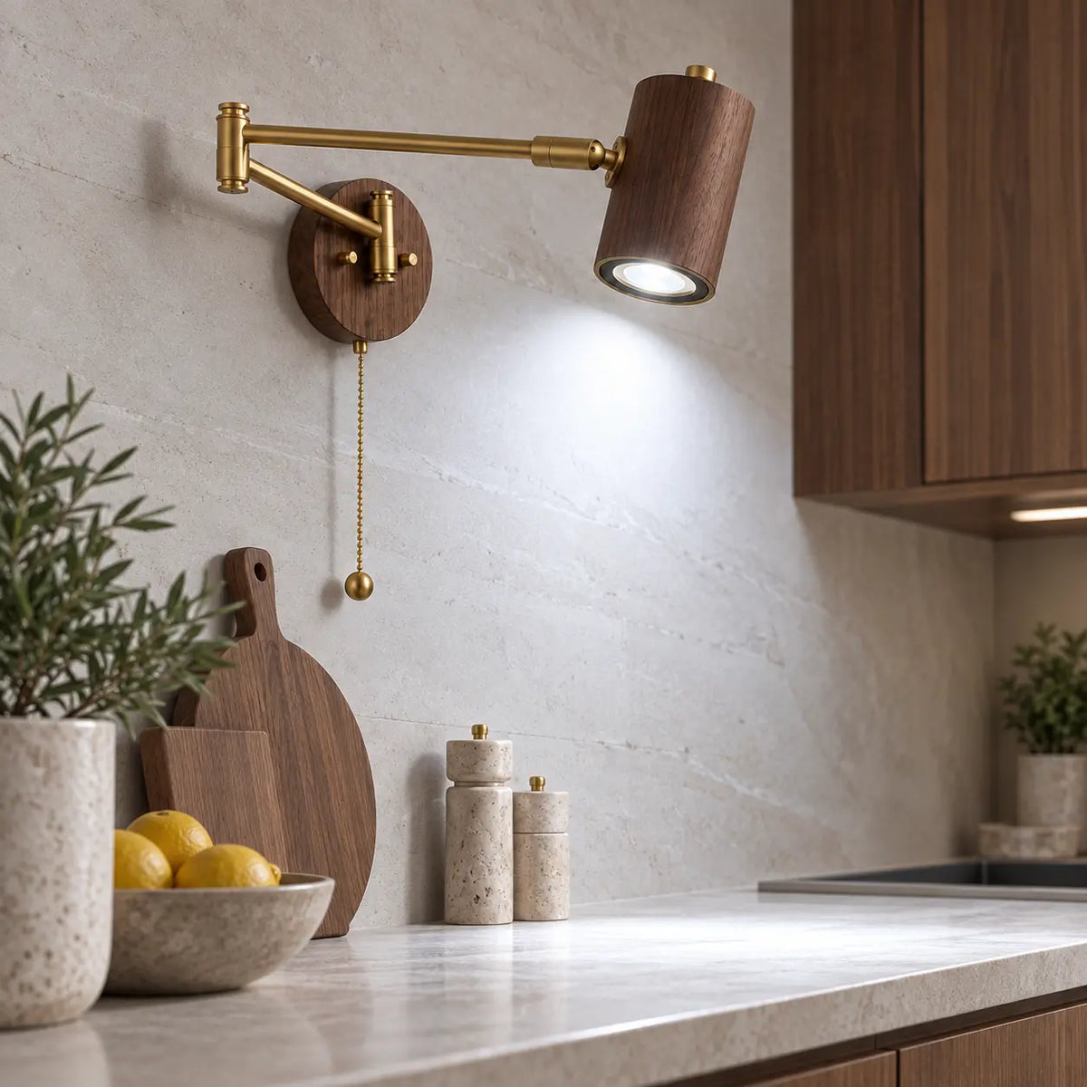 Applique murale scandinave en noyer vue de profil dans une cuisine