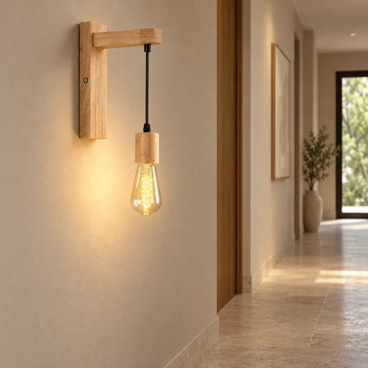Applique murale bohème en bois dans un couloir