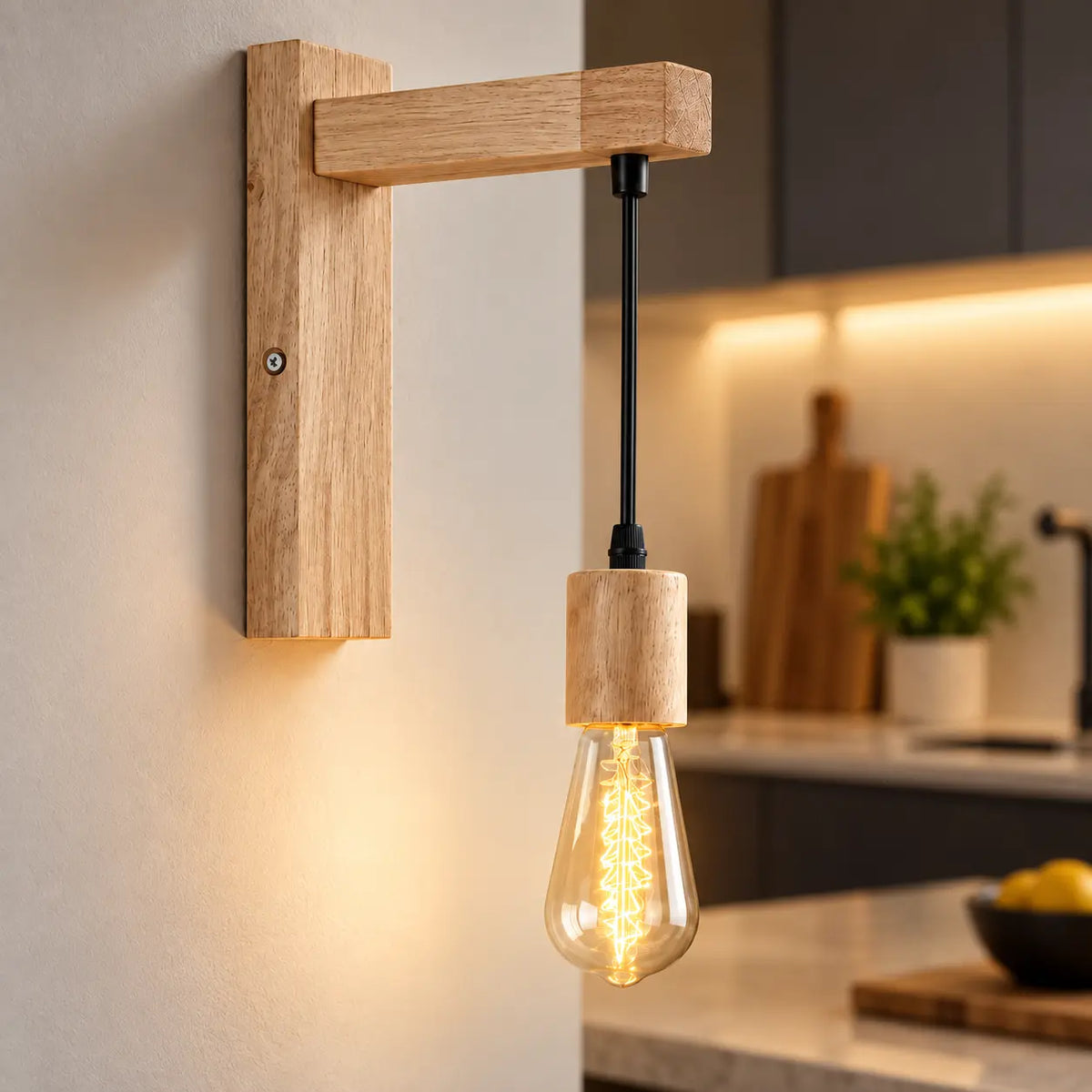 Détail du support en bois et de l’ampoule Edison