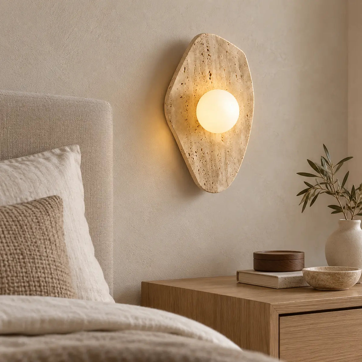 Applique murale chambre moderne en travertin dans une chambre contemporaine