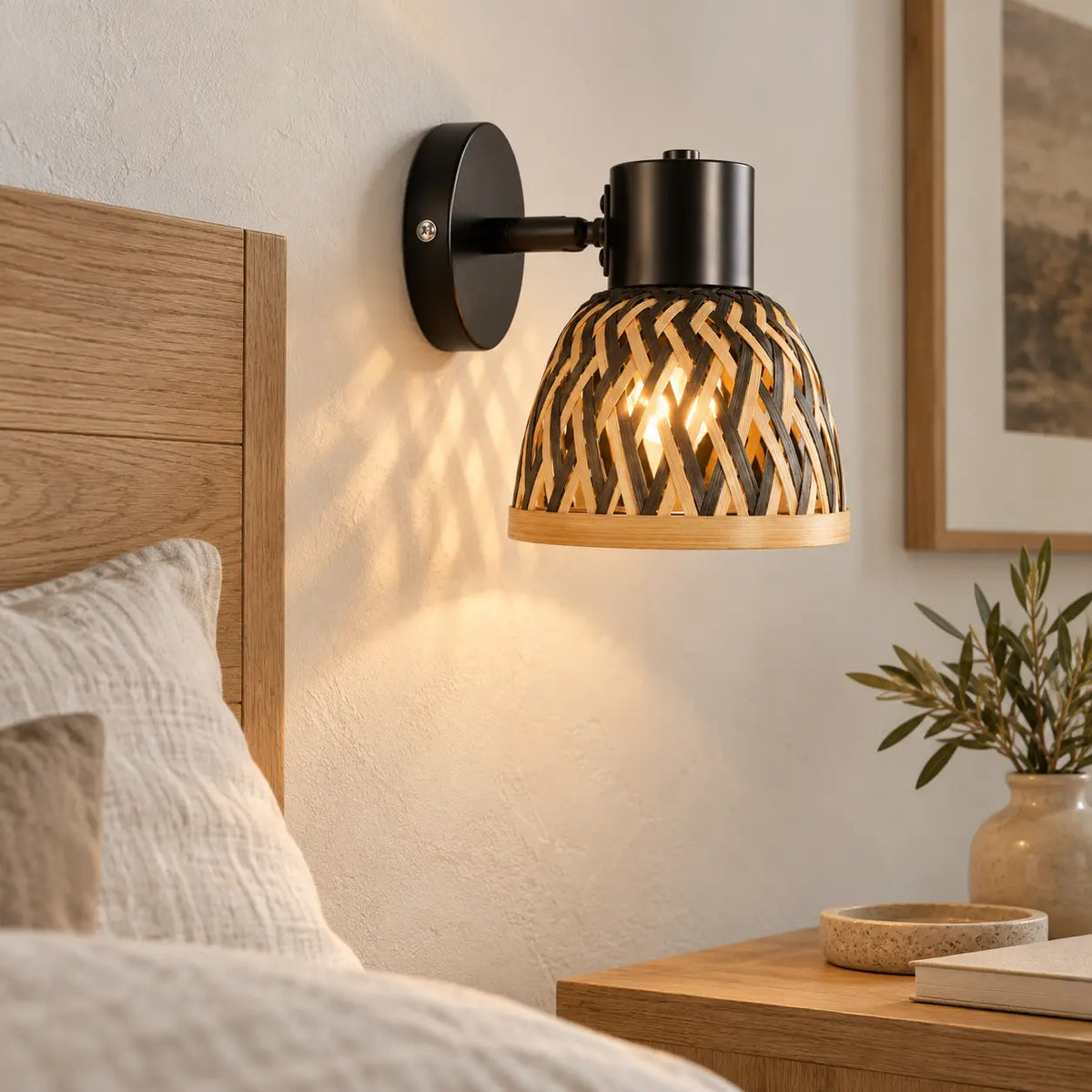 Applique murale chambre osier bicolore installée près d’un lit