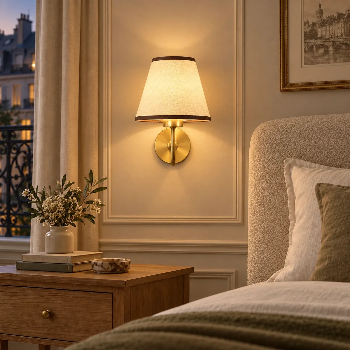 Applique murale dorée vintage dans une chambre élégante