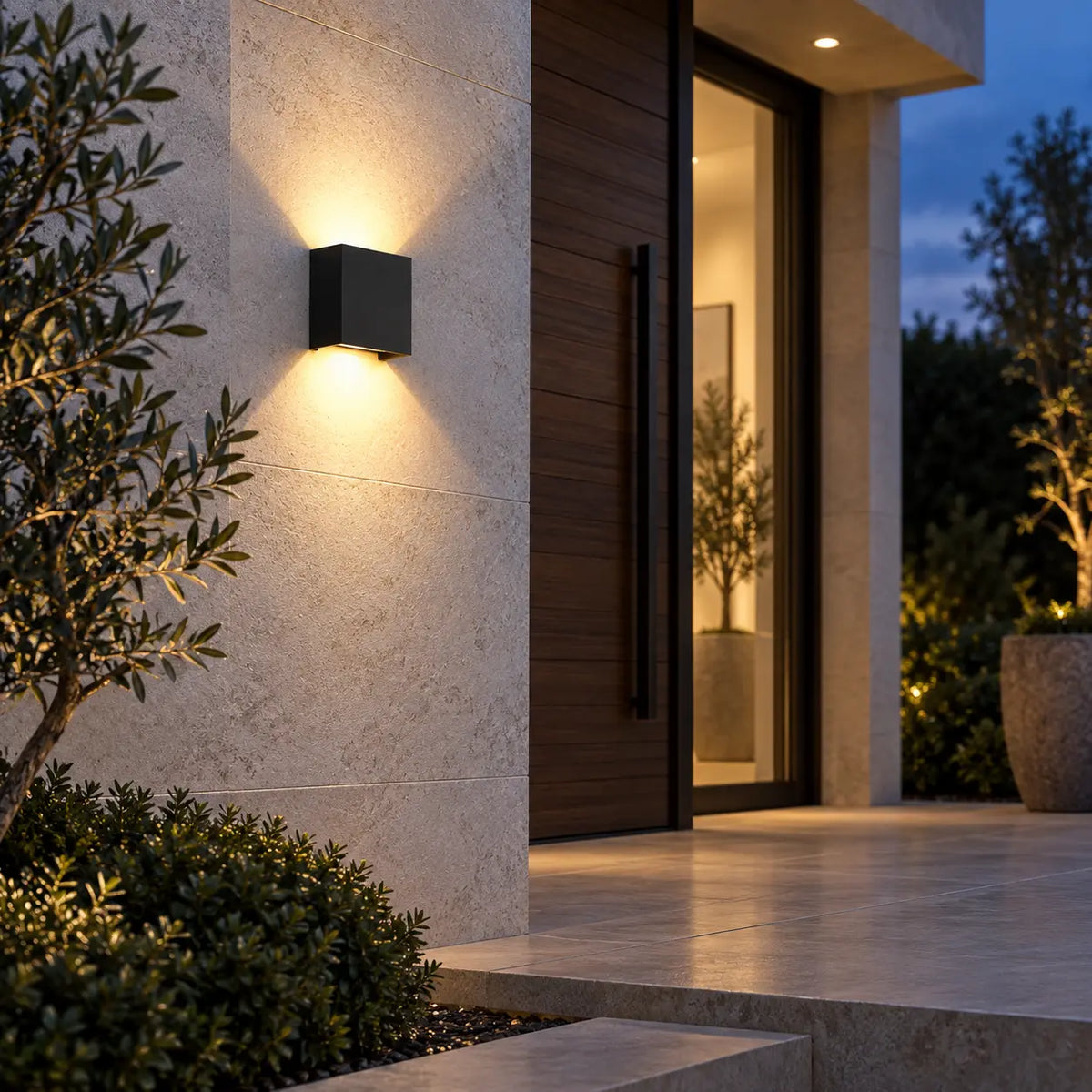 Applique IP65 noire sur une façade contemporaine