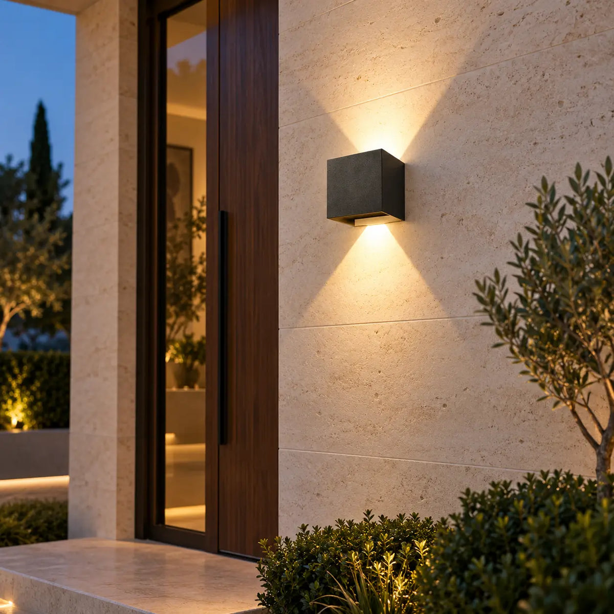 Applique cubique noire sur une façade contemporaine