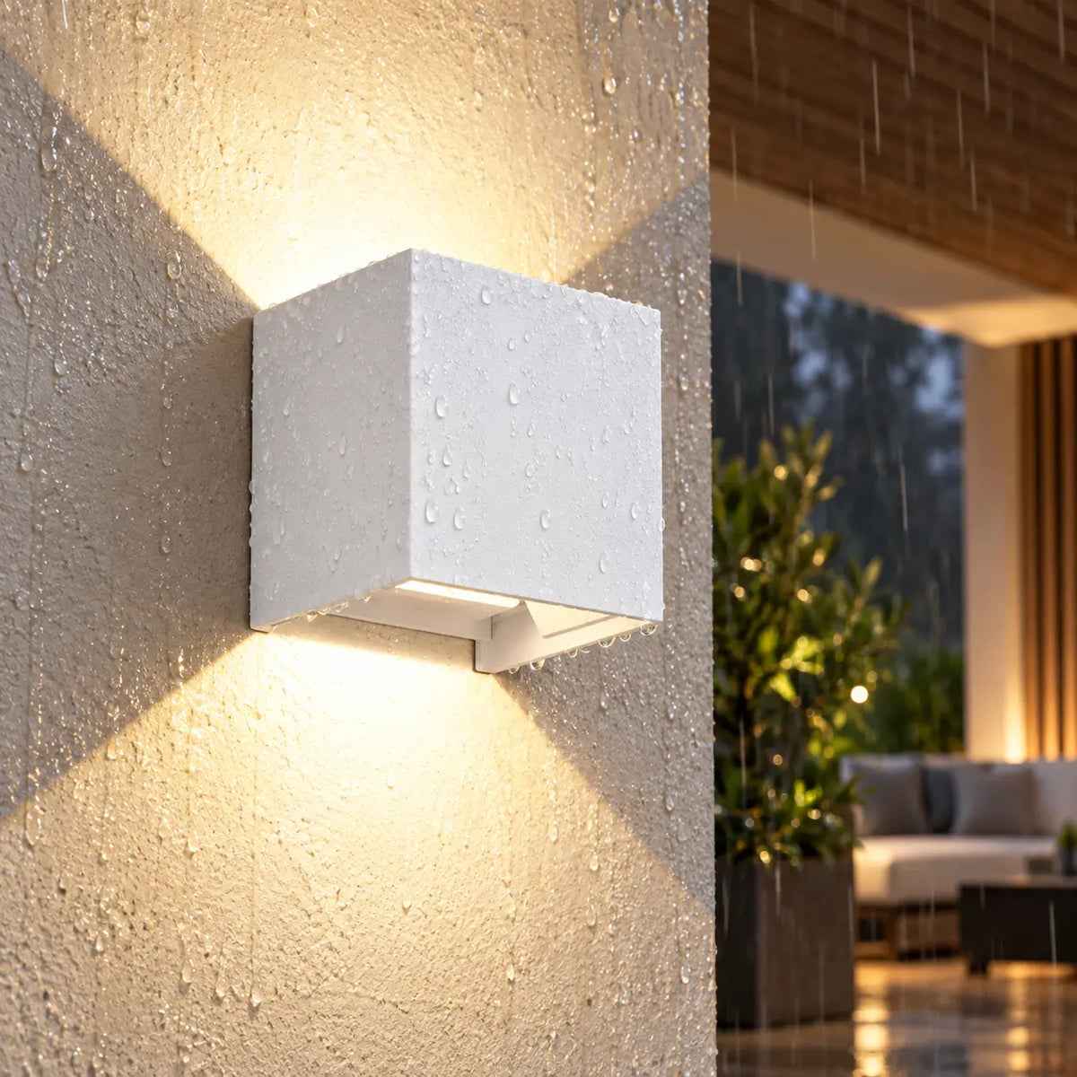 Applique cubique blanche sur une terrasse humide