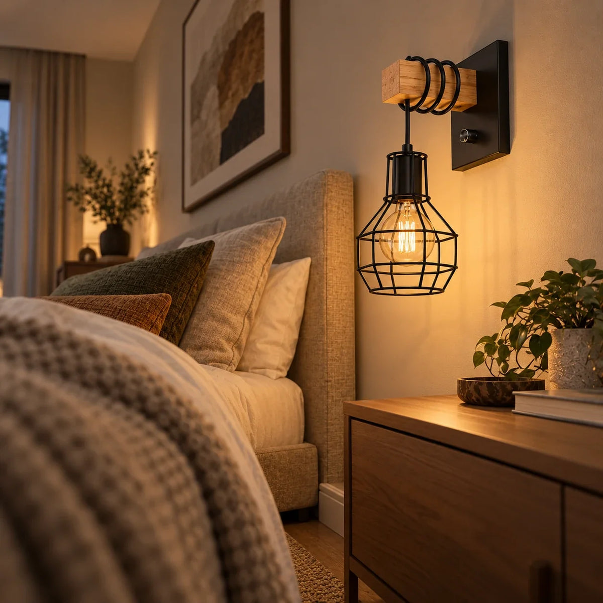 Applique cage noire et bois dans une chambre haut de gamme