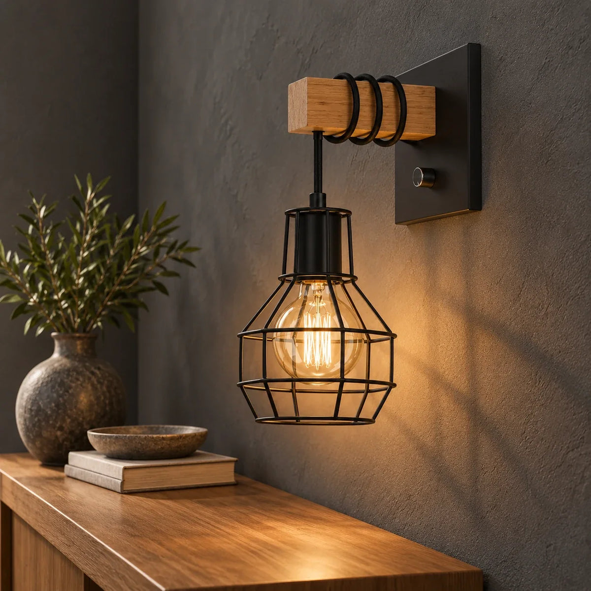 Applique cage noire et bois – vue latérale