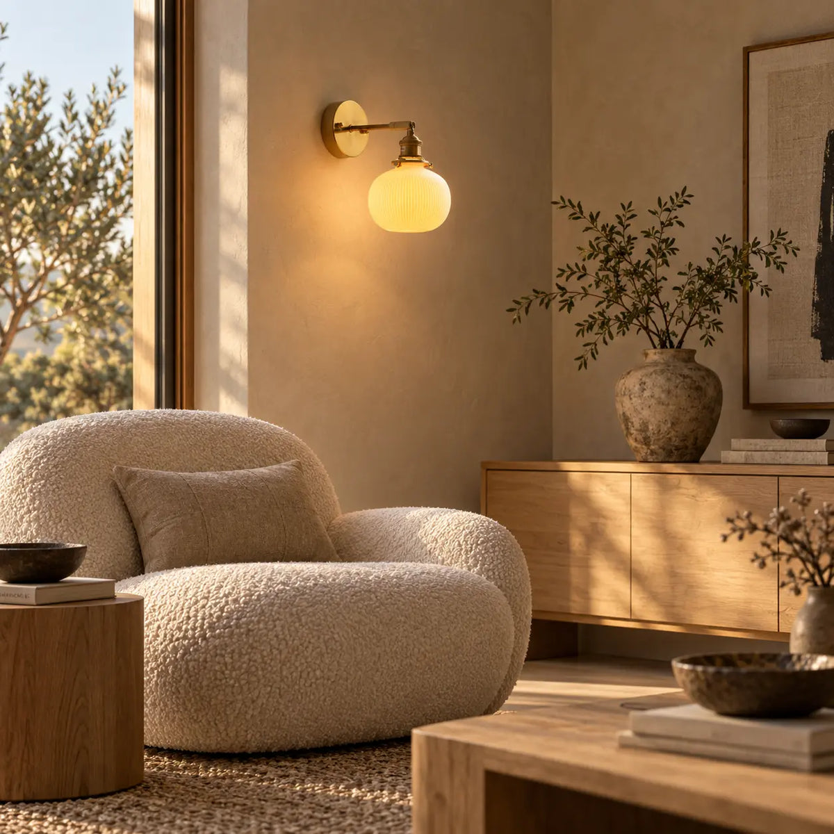 Applique japonisante ronde dans un salon Japandi haut de gamme