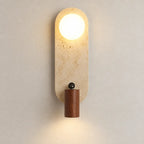 Applique murale LED design en travertin, verre opalin et bois – vue packshot