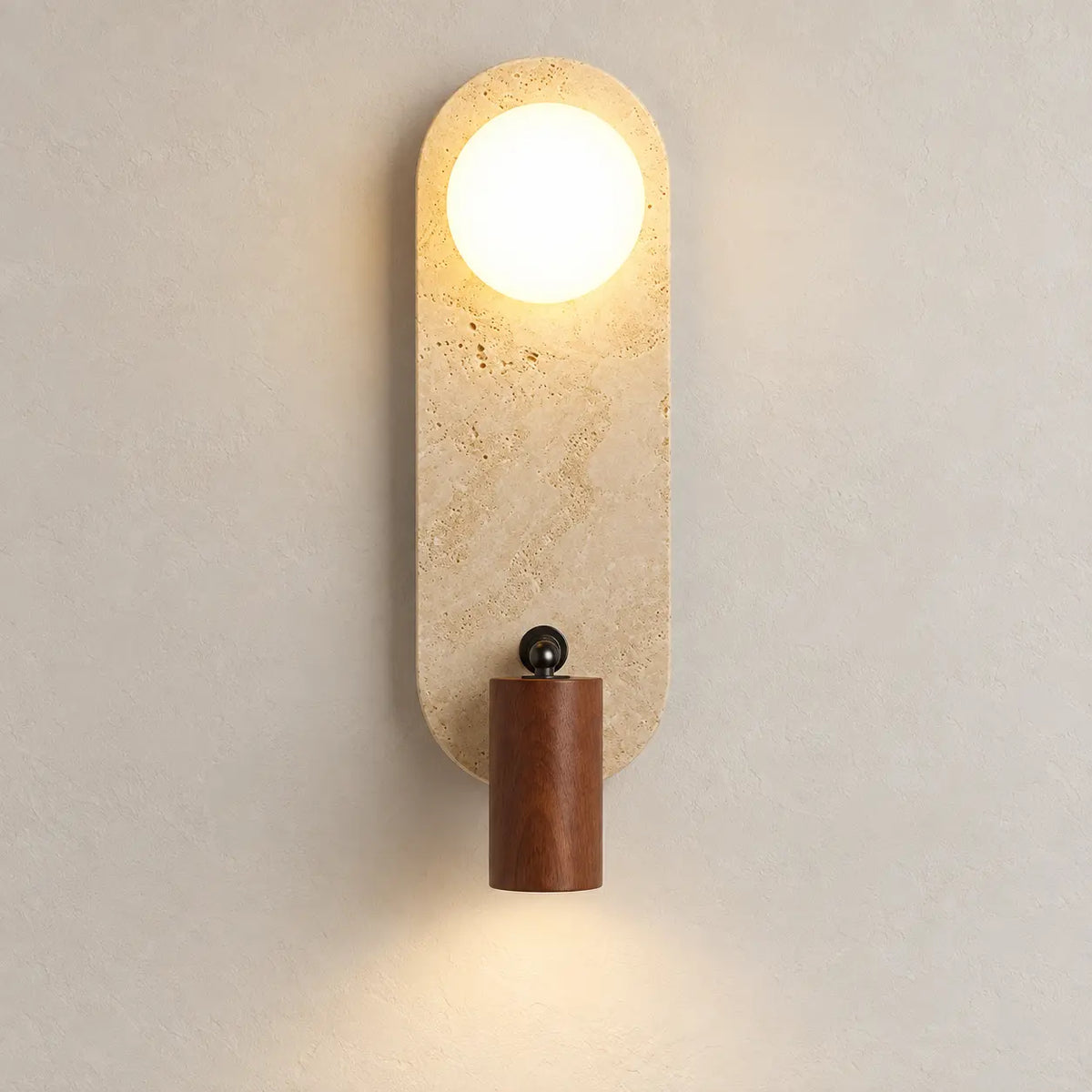 Applique murale LED design en travertin, verre opalin et bois – vue packshot