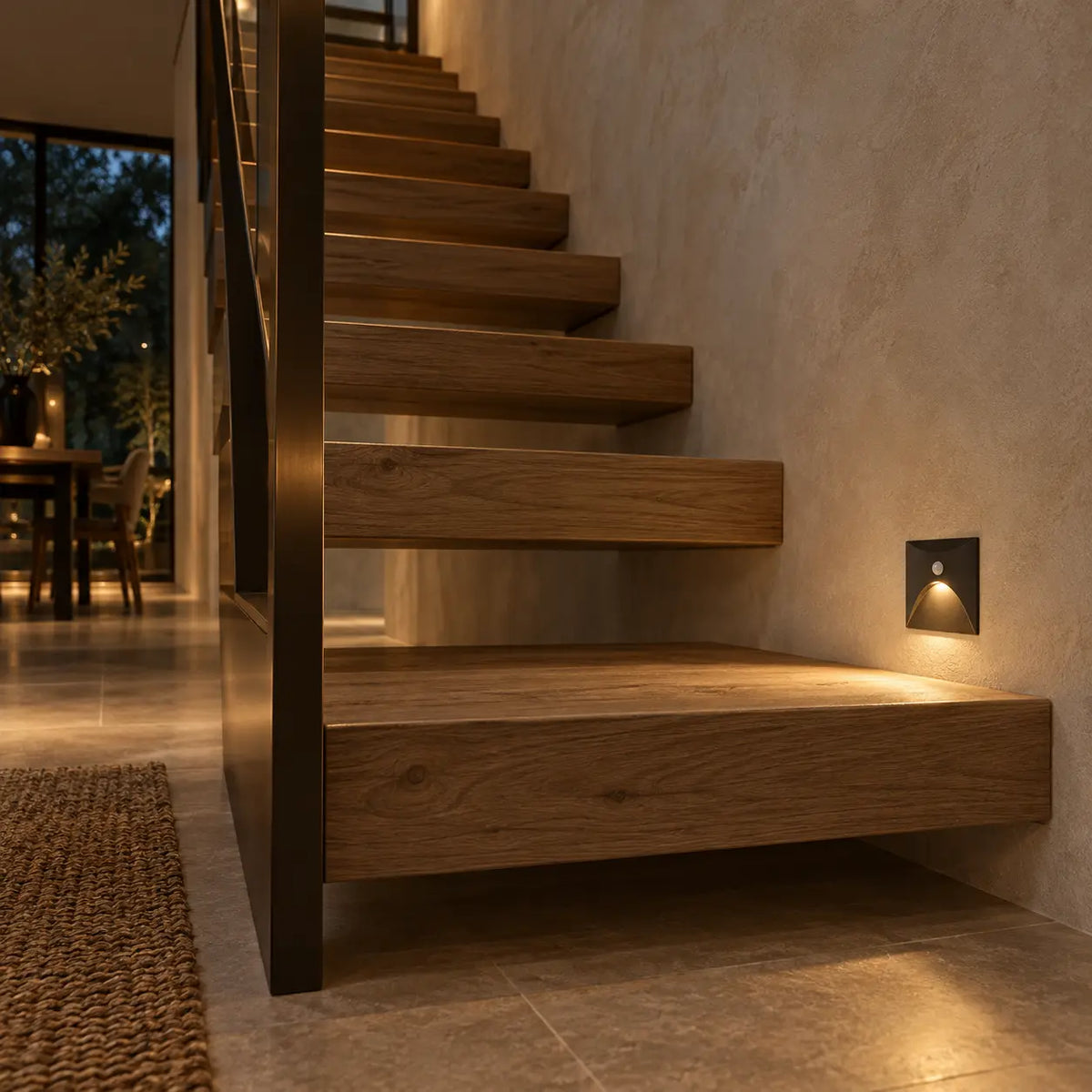 Applique LED noire 3000 K installée le long d’un escalier
