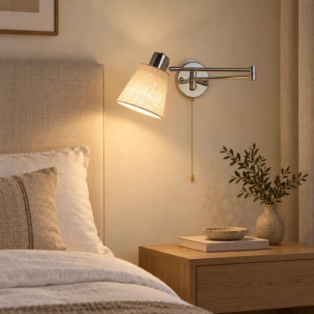 Applique orientable en chanvre dans une chambre d’hôtel élégante