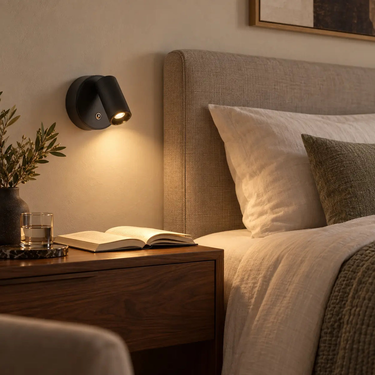 Applique LED noire sans fil installée près d’un lit