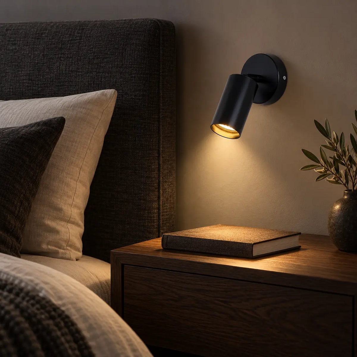 Applique murale orientable noire près d’un chevet