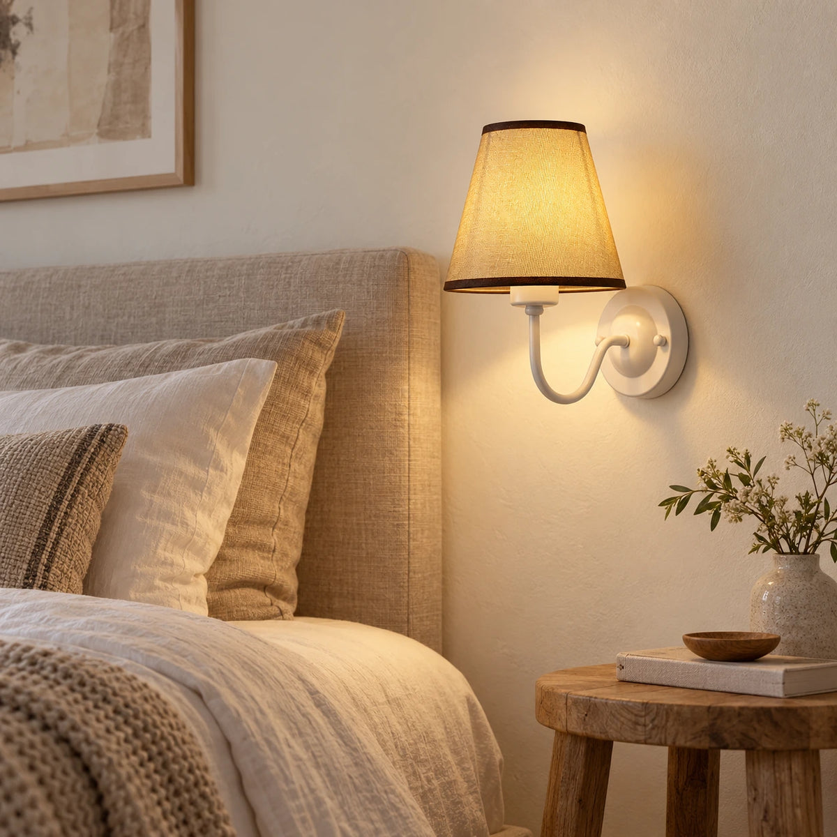 Applique murale style vintage blanche et lin dans une chambre