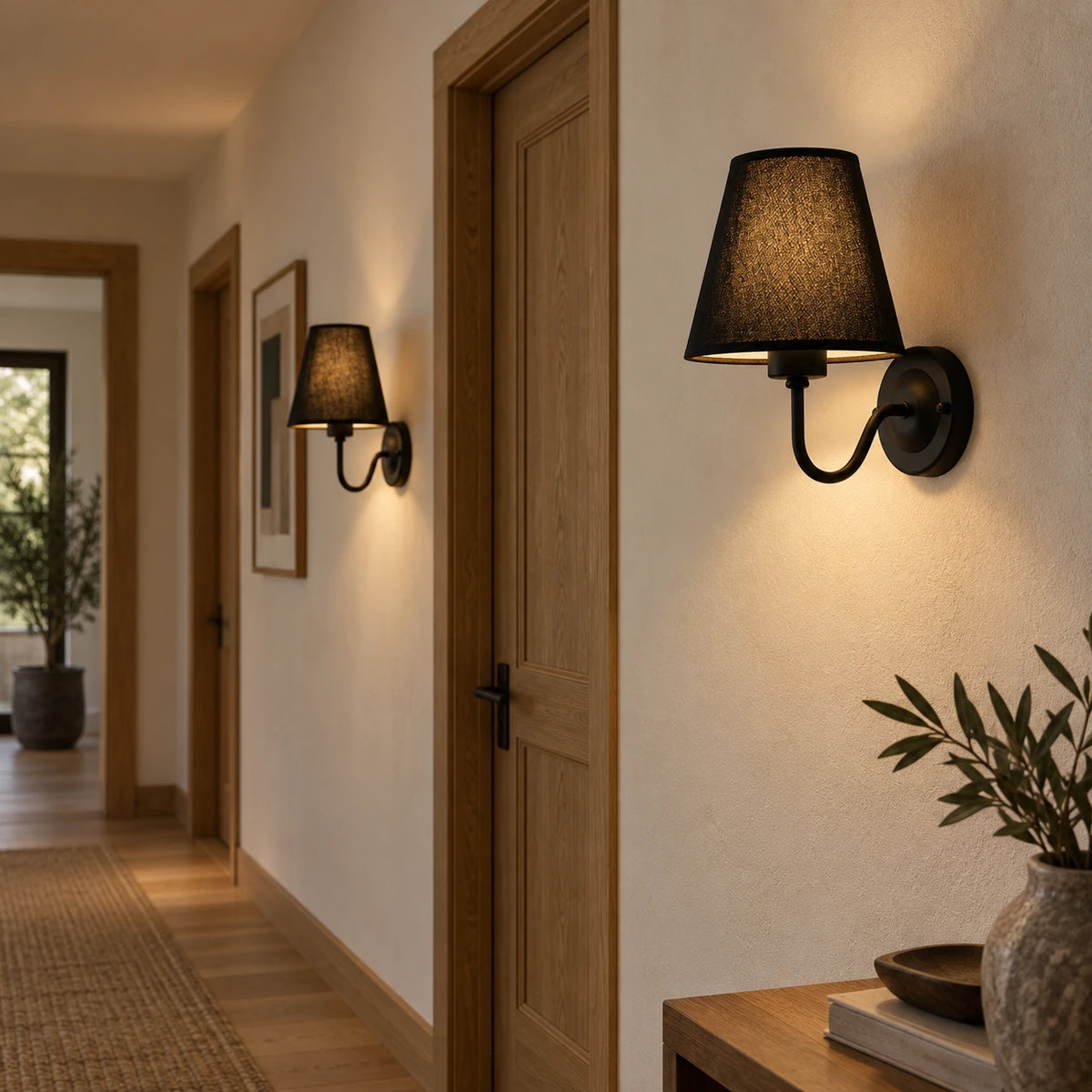 Appliques murales tissu noir dans un couloir