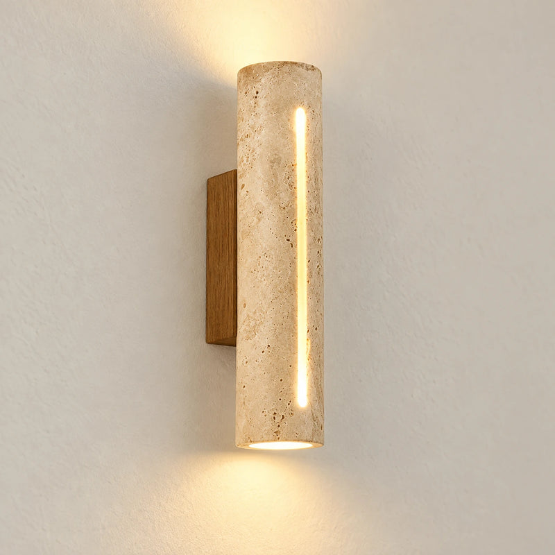 Applique murale travertin et bois, lumière chaude, vue produit