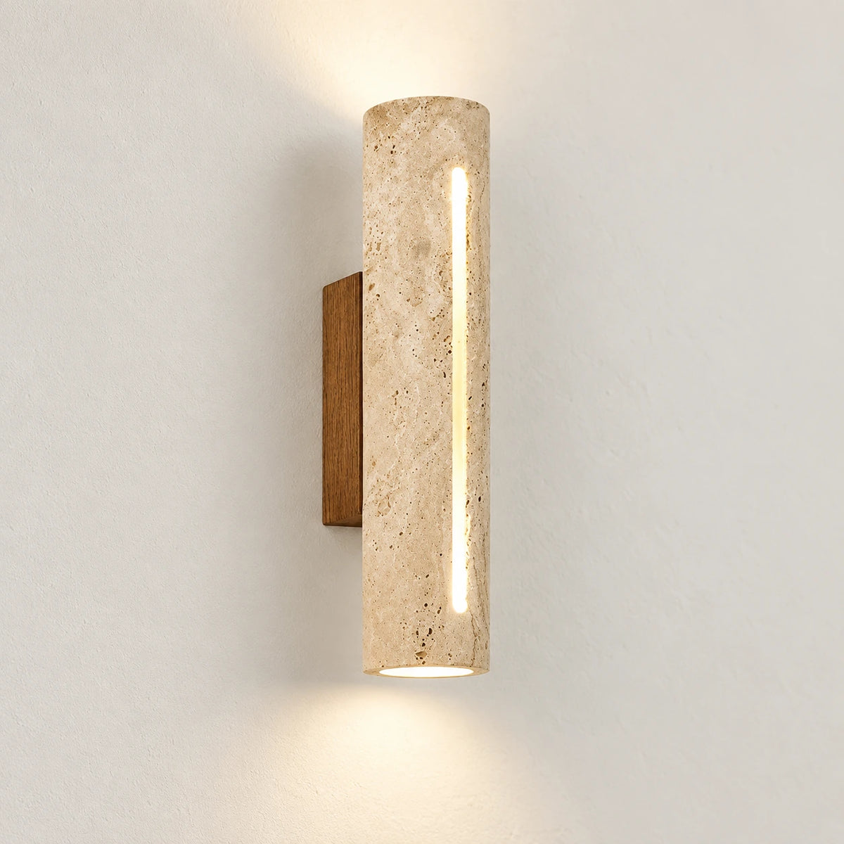 Applique murale travertin et bois, lumière neutre, vue produit