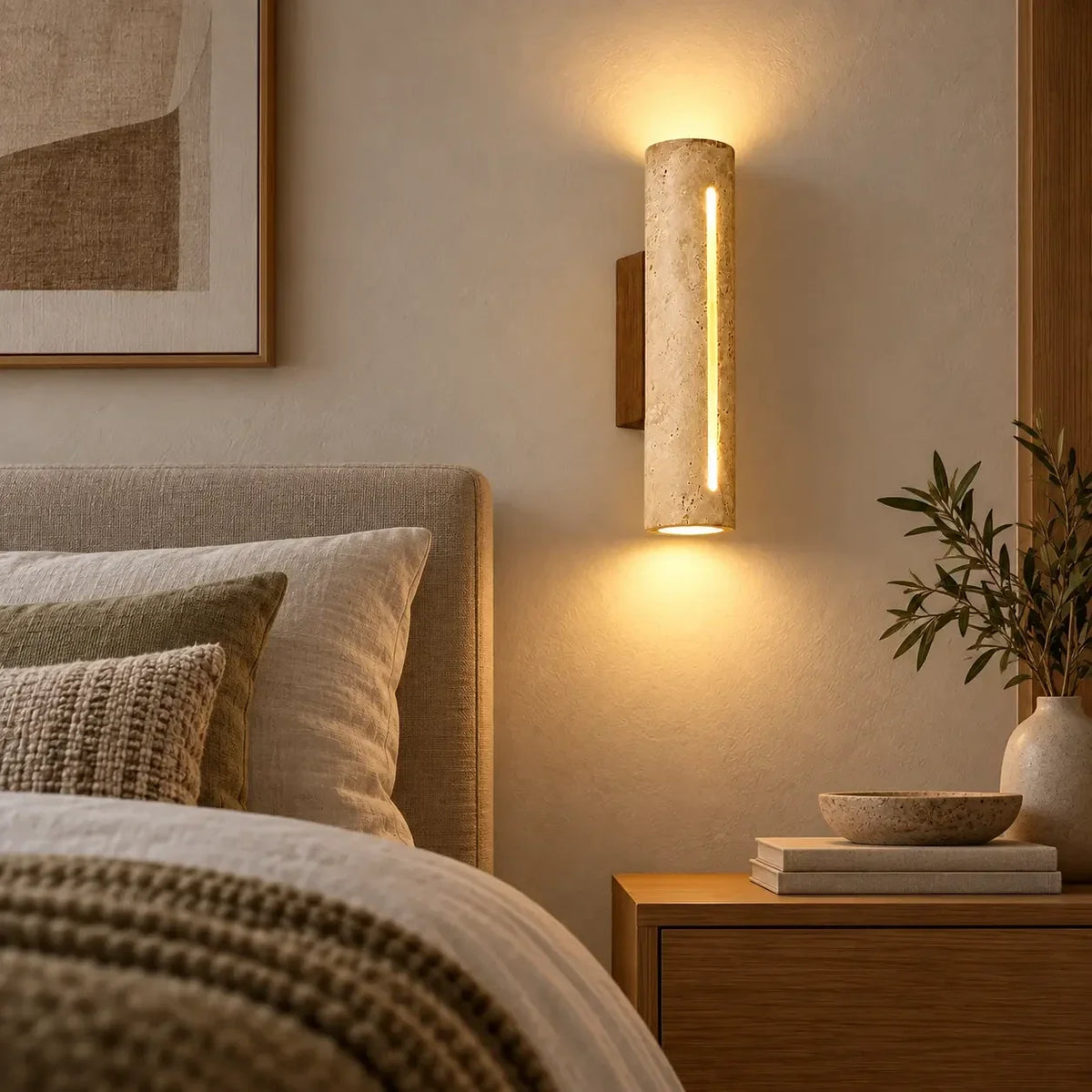 Applique en travertin et bois dans une chambre