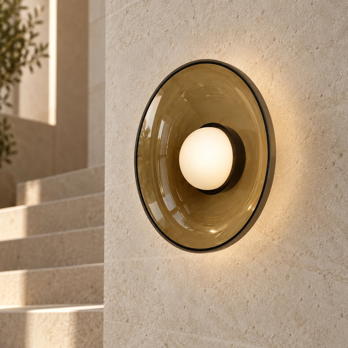 Détail du disque en verre fumé dans un escalier
